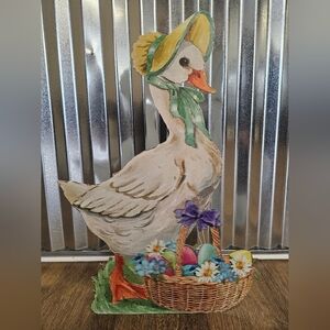 Vintage Easter Mama Goose Metal Stand Up Colorful Decoration Eggs Daisies Ribbon